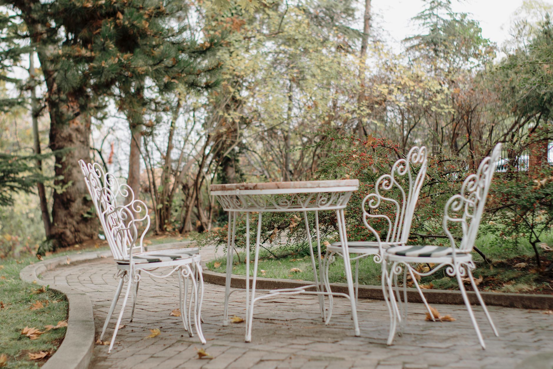 A tranquil outdoor patio setting featuring ornate white metal chairs and table surrounded by lush greenery.